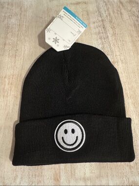 Black Beanie with White Smiley Patch